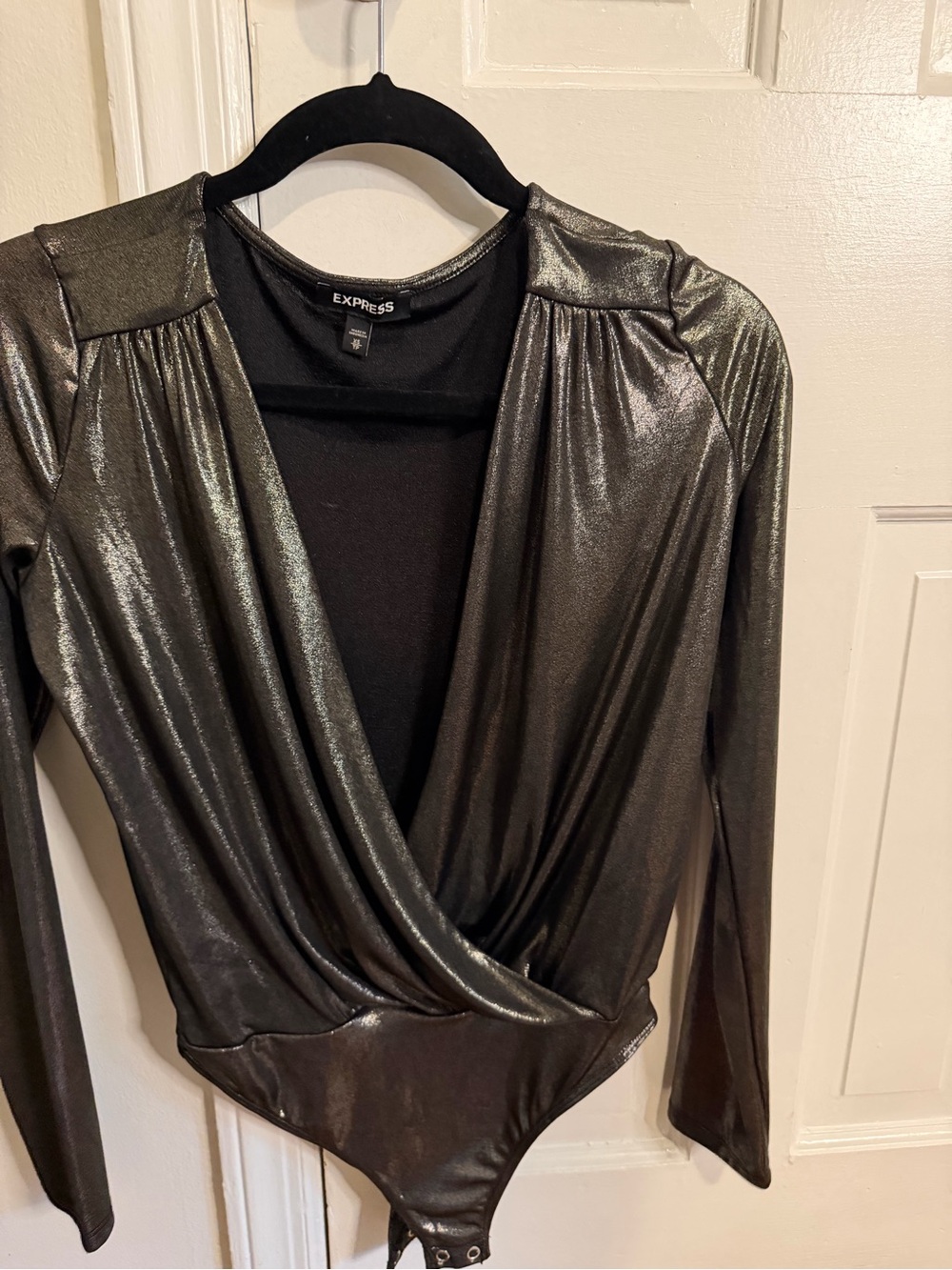 Express Metallic Silver-Black Wrap Bodysuit